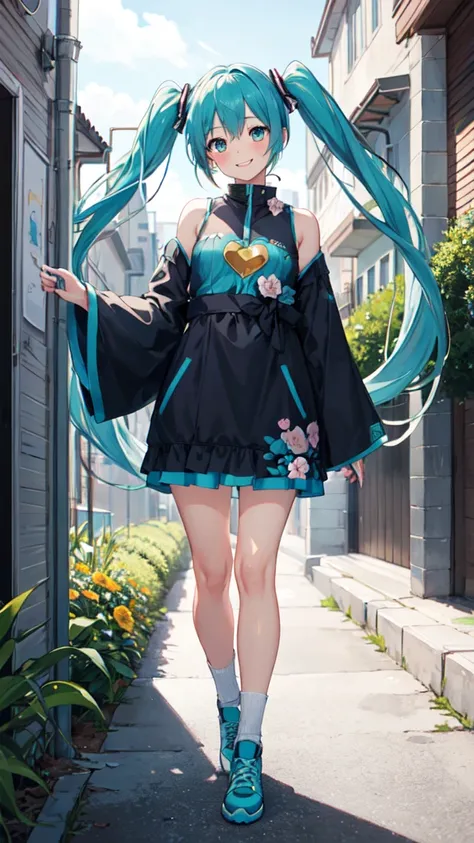 best quality, masterpiece, high resolution, solitary, (Hatsune_future_Blue File:1.10), 1 girl, Wide sleeves, Long sleeve, Looking at the audience, Heart, blush, flowering, Smile, outdoor, Residence, Print 14 ，full-body shot