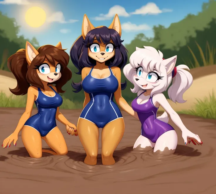 Mobians, wamudraws, anthro female, female furry, detailed fur, best quality, HD, full body, cameltoe, 5girls, 5 girls in beach, multiple subjects, group, team, adult female, group shot, coyote girl, cocker spaniel girl, borzoi girl, jackal girl, wolf girl,...