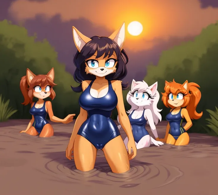 Mobians, wamudraws, anthro female, female furry, detailed fur, best quality, HD, full body, cameltoe, 5girls, 5 girls in beach, multiple subjects, group, team, adult female, group shot, coyote girl, cocker spaniel girl, borzoi girl, jackal girl, wolf girl,...