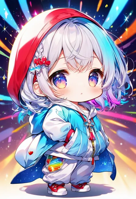 best quality, incredibly absurdres, extremely detailed, 2.5D, delicate and dynamic, chibi, cute girl, wearing baggy clothes, baggy pants, sparkly and vivid color effects, background another dimension