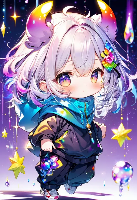 best quality, incredibly absurdres, extremely detailed, 2.5D, delicate and dynamic, chibi, cute girl, wearing baggy clothes, baggy pants, sparkly and vivid color effects, background another dimension