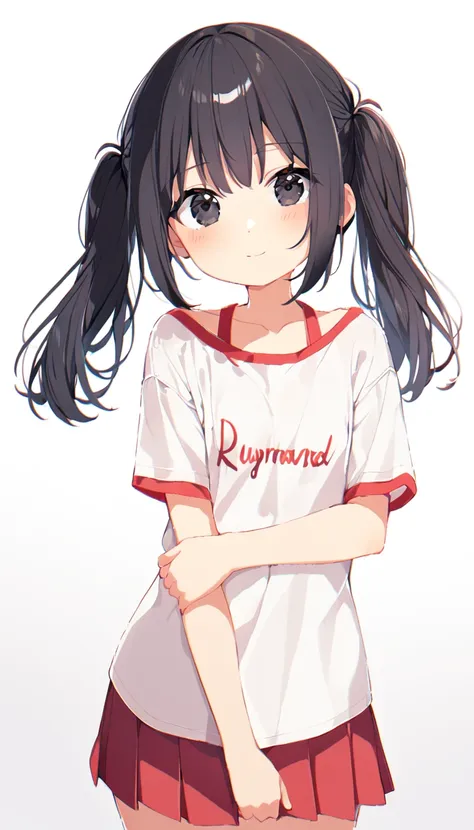 16K,1girl,12 years old,very cute,black hair,twintail,thin twintail,black eyes,r-shirt,Short sleeve,Red Skirt, red satchel with back straps,flat chest,white backgrorund,blush,light smile,:or,leaning forrward , nipple slip frorm t-shirt,clorthed,sporken ques...