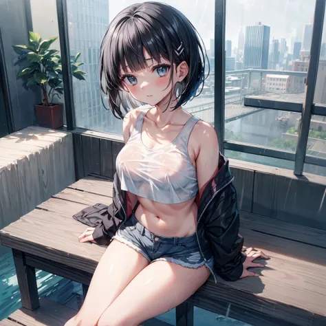 ((Highest quality)), ((masterpiece)), ((detailed)), (4K), 1girl, 独奏, black hair, bob cut, white t-shirt, sports bra, micro shorts, short shorts, leaning forward, large breasts, naughty face, looking at viewer, (from above), town, rain, wet, see through