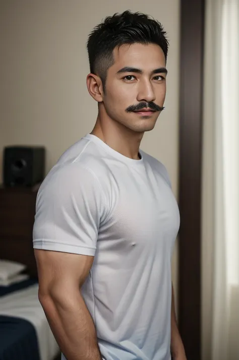 Masterpiece, best quality, high resolution, realistic, handsome, Take beautiful photos, Sayk, NRF, Photo of the 35 year old gym association (The man has a thin mustache.:1.2) Portrait, standing in bedroom , make military media, weight, Amazing , Buzzcut sh...