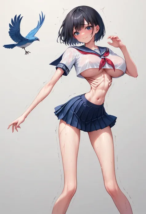 (masterpiece, best quality:1.2), front shot, beautiful 1girl, (super big breasts, micro waist, very long legs:1.4), Black hair, short bob hair, short height, scrawny and thin body, Light Skin, cute big eyes, cute beautiful thin face, forced smile, serafuku...