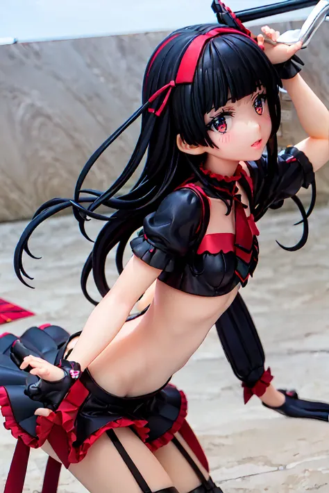 Laurie Mercury, Rory Mercury, Black Hair, Blunt bangs, Hime cut, hair ornaments, Red lipstick, Long Hair, Cute face, compensate, (Small box:1.2), (Red eyes:1.5), break Gothic underwear, Perfect body (Small breasts:1.3), break in full growth, Red Shoes, bre...