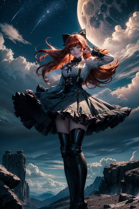 night, moon, stars, cowboy shot, (dynamic pose), smile,  underbust, Penny Polendina, long red hair, neck ribbon, suspender skirt, corset, black bow, white blouse, mechanical legs, neon trim, flying in the sky, blue sky, clouds (volumetric lighting), intric...