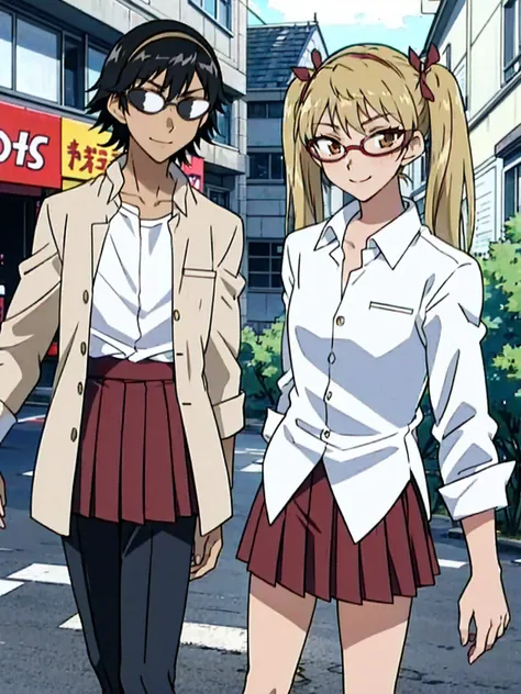 1 boy and 1 girl stand in the street,twintails,sawachika eri, brown eyes, hair ribbon,harimakenji, glasses, ,school uniform, red pleated skirt,eri,hairband, looking_at_viewer, serious, gakuran, white_shirt,smile,happy,two persons