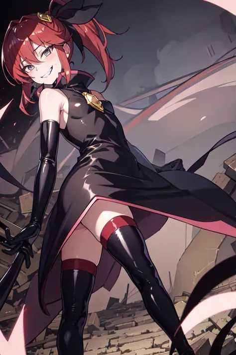 Highest quality, masterpiece, One Girl,Not beautiful, Red Ponytail, Long dress, brooch, Hair Ribbon, , Black knee socks, Standing on the rubble,  (Wicked Smile:1.1), ,,Dark shadowed face,Sadistic smile,Malice,Contempt,smile,latex,Bad face,,Red Skirt,two ha...