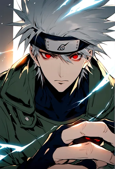 hatíce kakashi, blue lightning bolt in one hand, chidory, upper body, sharingan in eyes, ready to fight, hight quality, red eyes...