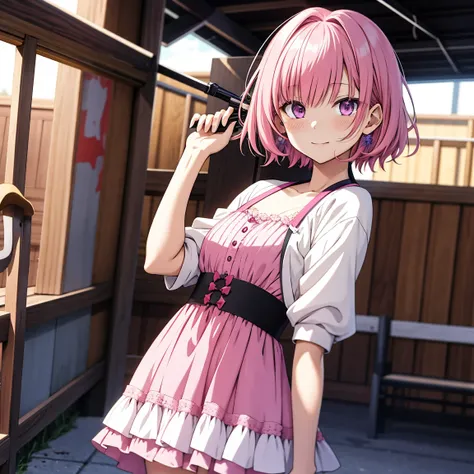 Momo Belia Deviluke Age 14 has short pink hair and purple eyes. In the To LOVE-Ru manga, straightened her hair out She also has two small flowers on her hair. cute dress 