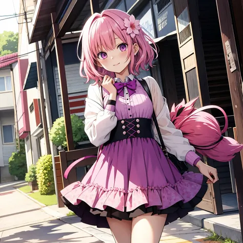 Momo Belia Deviluke Age 14 has short pink hair and purple eyes. In the To LOVE-Ru manga, straightened her hair out She also has two small flowers on her hair. cute dress 