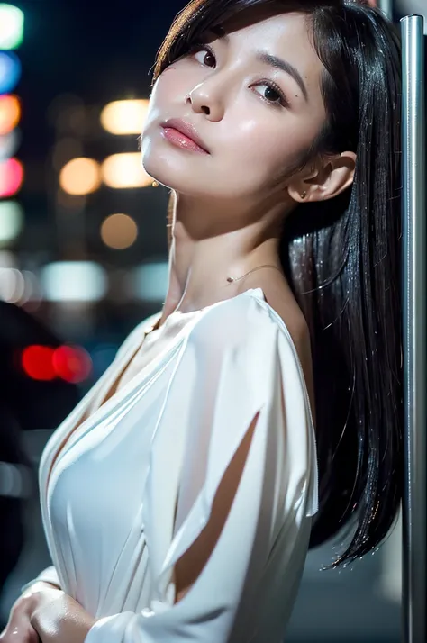 cinematic, Blue hour, (((Ultimate ultra Photorealistic, ultimate high-quality 32k photo))),(((An American shot photo, crossed arms, a42yo ultimate beautiful &cute Japanese actress:))),(((She has a very intelligent and ultimate beautiful Japanese face&black...