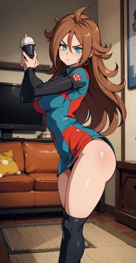 android 21, cups, pose lateral, She is sideways to the spectator, long brown hair, blue colored eyes, plaid dress, pantyhose, looking to the side, pose lateral, standing, ele está standing, serious, legs spread open, livingroom, light bulb, high qualiy, wo...