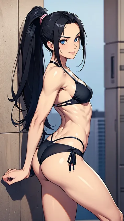 Black hair girl with a ponytail, standing looking at the ground with an air of superiority. muscular girl, naughty smile. detailded, beautiful  face, blue colored eyes. She has a small breasts. bikini branco, sultry posing, sexly, leaning over showing her ...