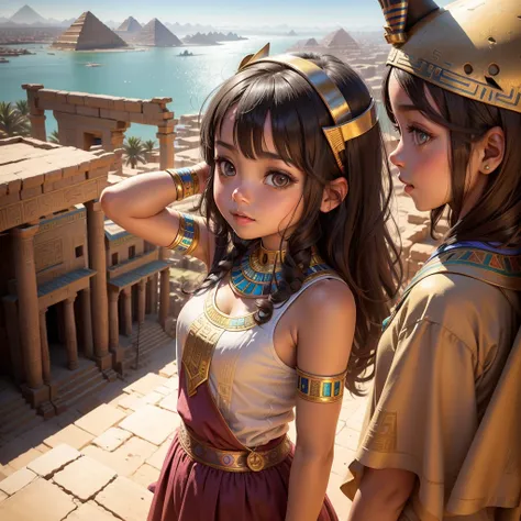 Cute Ancient Egyptian Girl、A hill overlooking the colorful temples of ancient Egypt、A colorful view of the whole city、oasis