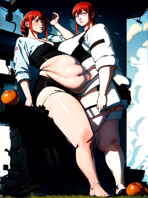 Le personnage Makima de la série animée Chainsaw Man, fragile, obésité morbide, ssbbw, pleine longueur (corps entier 1.1.), fond sombre, obscurité, anatomie correcte 1.1, anatomie correcte de la main, Très féminin, corps gras et rond, grosses Jambes, fesse...