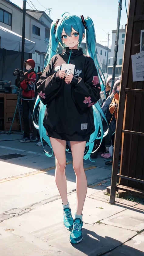 best quality, masterpiece, high resolution, solitary, (Hatsune_future_Blue File:1.10), 1 girl, Wide sleeves, Long sleeve, Looking at the audience, Heart, blush, flowering, Smile, outdoor, Residence, Print 14 ，full-body shot，on stage