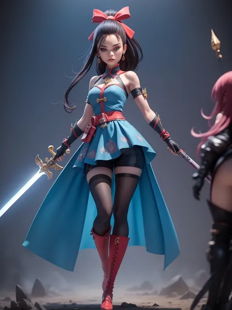 female mascot, small, , Ray-tracing, Waist slender, small, with ancient clothes, detailed, Russian robes, warm clothing, hot pants e botas, with sword in hand, futuristic gun pointing left, pose to the left, detailed doom style sword, large sword with diff...