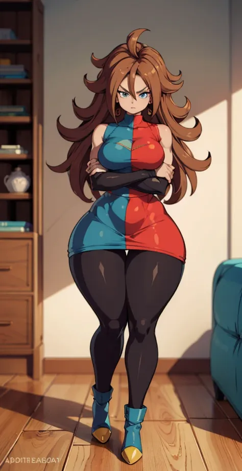 android 21, cups, pose lateral, she is sideways to the spectator, long brown hair, blue colored eyes, plaid dress, pantyhose, lo...