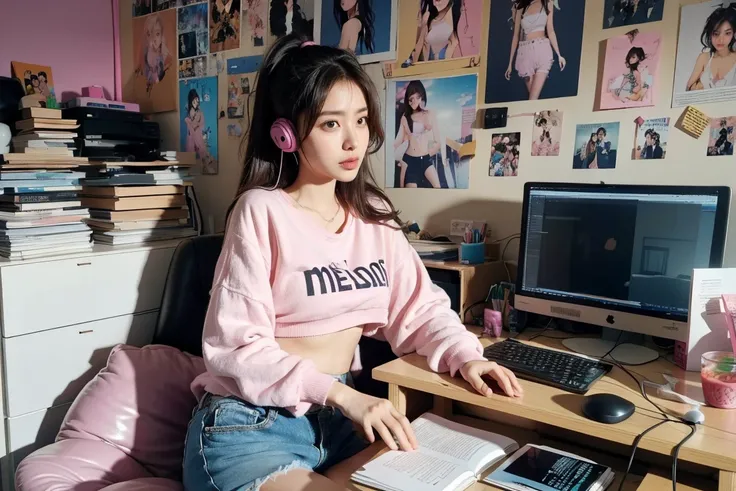 arafed woman in a pink bra top and denim shorts standing in front of a desk with a computer and a monitor, long legs, lofi girl,...