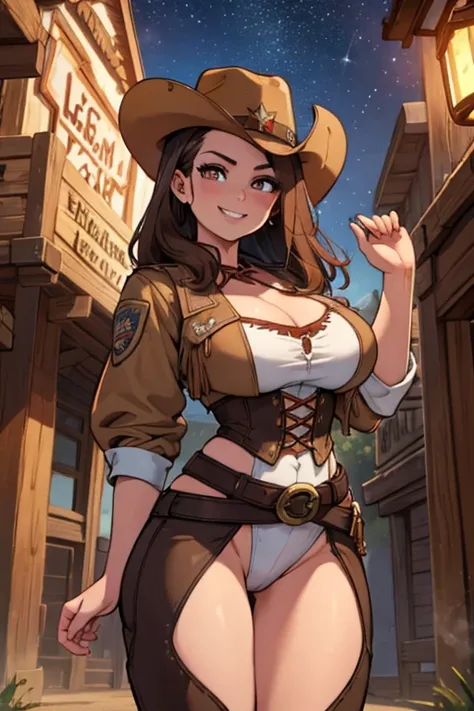 perfect face, perfect hands A brown haired female cowgirl with copper eyes with an hourglass figure in a conservative cowgirl outfit is watching the stars with a big smile in a wild west town