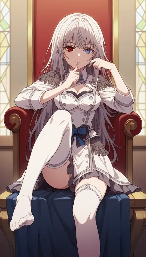 1girl, solo, full length, long hair, loose hair, medium breasts, looking at viewer, legs, hand, bangs, smile, heterochromia, red eyes, blue eyes, sitting, arrogant smile, legs, stockings, cleavage, indoors, on the throne, closed mouth, heterochromia, cross...