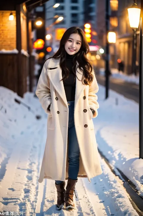 ulzzang-6500-v1.1, (RAW Photos:1.2), (Photorealistic), Beautiful detailed girl, (Genuine: 1.4), Very detailed目と顔, Beautiful and fine details, ((walk on a snow-covered road:1.3)), ((elegant long coat:1.3))、Selfie、Instagram、 Huge file sizes, High resolution,...