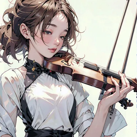 (masterpiece, best quality:1.2), 1girl, playing violin, solo, blank background, white background,