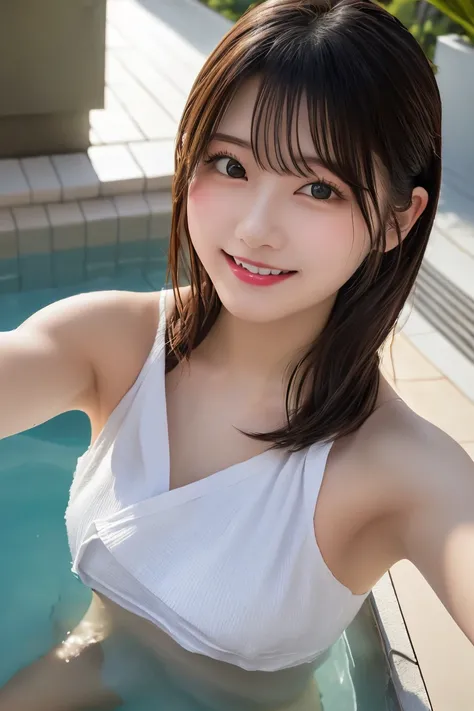 Highest quality, (beautiful)、Soak in the open-air bath、Cover yourself with a bath towel、Close-up、Soft 、night、smile、Bare shoulders、Outdoor、steam、Shoot from above、Place your hands on your chest、Selfie