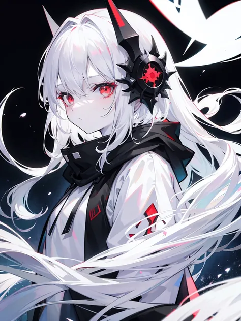 Pale skin, White hair, Black hoodie, flowers in head, double tails, , Solo,{{Best quality}}, {{Masterpiece}}, {{Ultra-detailed}}, {illustration}, {Detailed light}, Red eyes，