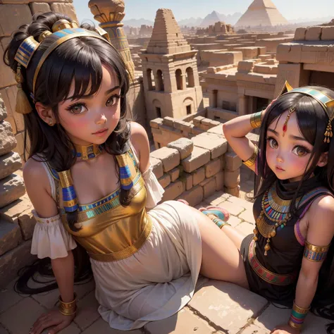 Cute Ancient Egyptian Girl、A hill overlooking the colorful temples of ancient Egypt、A colorful view of the whole city、oasis