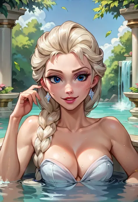 score_9, score_8_up, score_8_up, source_cartoon, detailed soft lighting, 1girl, Elsa from Frozen, braids, cleavage, wearing a towel, sitting outside on the edge of Japanese bath, very detailed, beautiful eyes, beautiful face, beautiful lips, model poses, p...