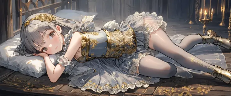 8 year old medieval girl, １people々、In underwear、Gold and silver thread embroidery、Translucent underwear that reaches below the knee（Bloomers）wear、wear a semi-transparent corset、Translucent slip, Grey translucent tights、sleep