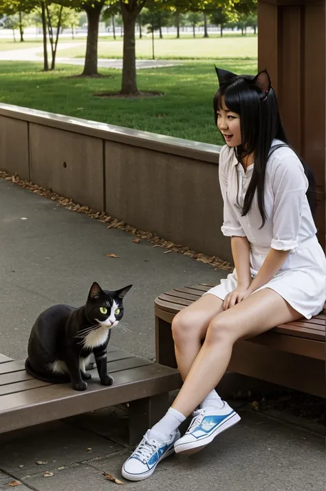 A cat girl sitting on a bench, suddenly caught by the ankle by the monster under the bench. The monster under the bench mocks her and says: "I do not care".