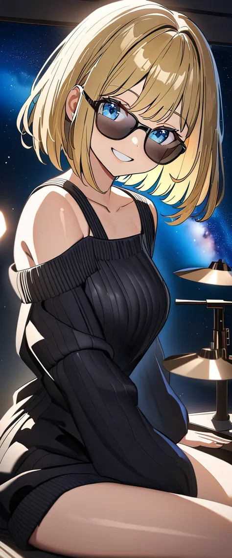 ((grin)), ((off-shoulder sweater:1.3, Quite thick shoulder straps)), ((black sweater)), ((sunglasses, hand to sunglasses)), (((from side))), ((((cowboy shot)))), ((Leaning to side)), (((a beautiful starry sky, the Milky Way shining beautifully in the night...