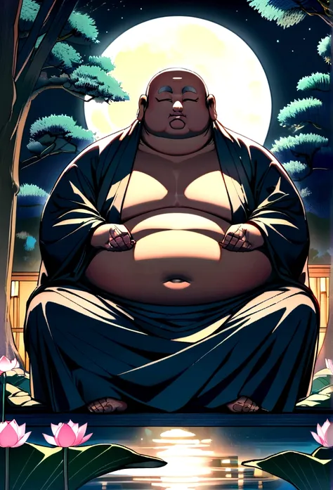 A slightly overweight martial monk meditating, Cherry blossom garden at night, Full moon and lotus, Eyes closed、The Buddha is watching