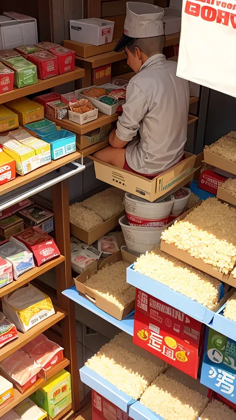 Food delivery rider Receiving many orders of food, hanging full food on the side of boxes at a discount for sale with Phum Phuang rice.