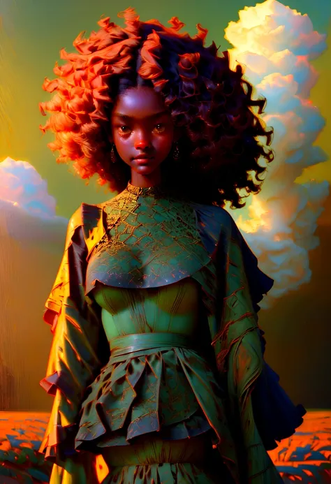 a beautiful dark skin ebony girl with a green dress, afro curly hair, in a wheat farm, digital art, sunlight, beauty, (best qual...