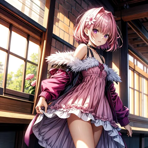 Momo Belia Deviluke Age 14 has short pink hair and purple eyes. In the To LOVE-Ru , straightened her hair out She also has two small flowers on her hair. cute dress see sexy underwear