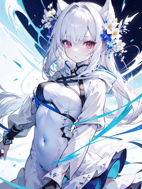 Pale skin, White hair, Blue hoodie, flowers in head, double tails, , Solo,{{Best quality}}, {{Masterpiece}}, {{Ultra-detailed}}, {illustration}, {Detailed light}, Red eyes，A revealing thin dress.