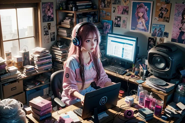 arafed woman in pink lace bra and denim shorts standing in front of a desk with a computer and a monitor, long legs, lofi girl, ...