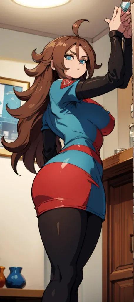 android 21, cups, pose lateral, She is sideways to the spectator, long brown hair, blue colored eyes, plaid dress, pantyhose, looking to the side, pose lateral, standing, ele está standing, serious, legs spread open, livingroom, light bulb, high qualiy, wo...