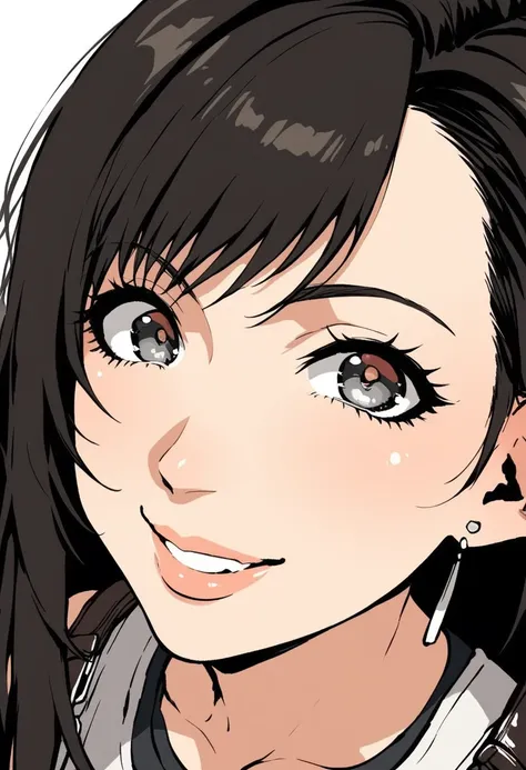 score_9, score_8_up, score_7_up, source_anime, Tifa from FF7, grey eyes, smile, fully clothed light-skinned female, close up, face focus