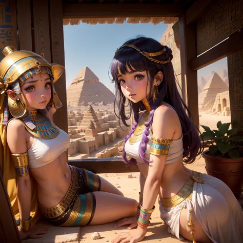 Cute Ancient Egyptian Girl、A hill overlooking the colorful temples of ancient Egypt、A colorful view of the whole city、Inside the oasis