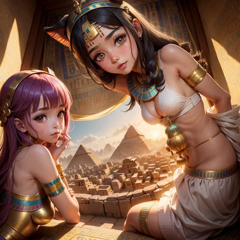 Cute Ancient Egyptian Girl、A hill overlooking the colorful temples of ancient Egypt、A colorful view of the whole city、Inside the oasis