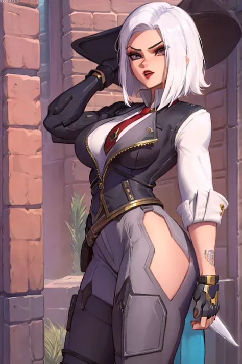 Ashe from Overwatch, sexy girl with short silver hair, nude, red lips, thick ass and big tits