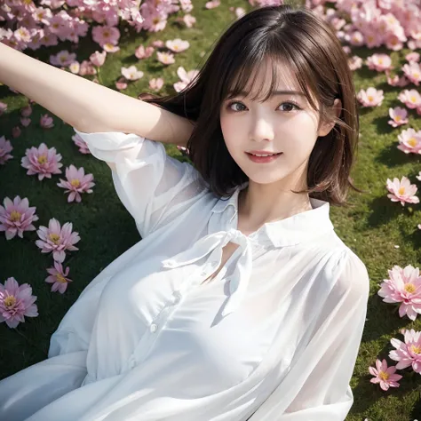 (highest quality,masterpiece:1.3,ultra high resolution),(Super detailed,caustics,8k),(photorealistic:1.4,RAW shooting),(girl lying in a flower field),(strong wind),(hair blowing in the wind),(Soaring petals),18-year-old,cute,Japanese,black short hair,look ...