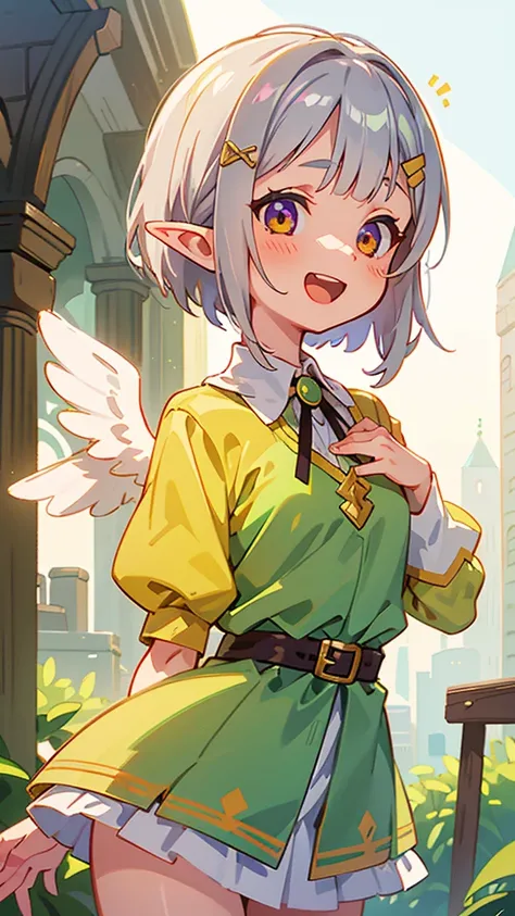 １girl、Small breasts、Angelic Face, Goblins, Elf ear hair, Silver hair and short bob hairstyle、Tie your hair up with a hair clip、Glowing pink round eyes, cute, Yellow peasant tunic, Medieval, Medieval city background, Bust from the neck up, Big smile, Open y...