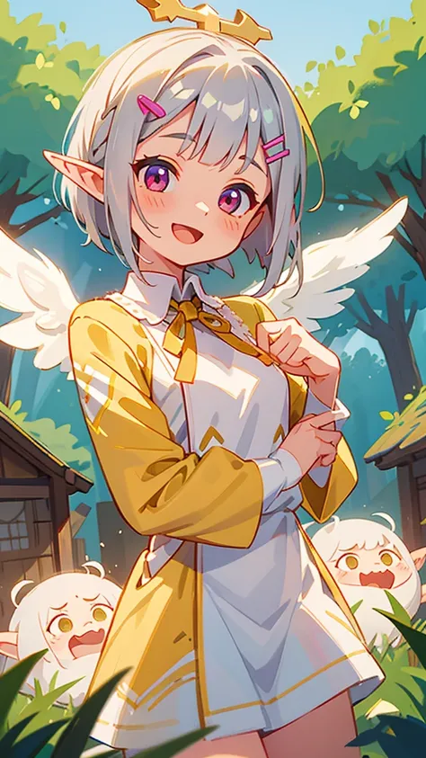 １girl、Small breasts、Angelic Face, Goblins, Elf ear hair, Silver hair and short bob hairstyle、Tie your hair up with a hair clip、Glowing pink round eyes, cute, Yellow peasant tunic, Medieval, Medieval city background, Bust from the neck up, Big smile, Open y...